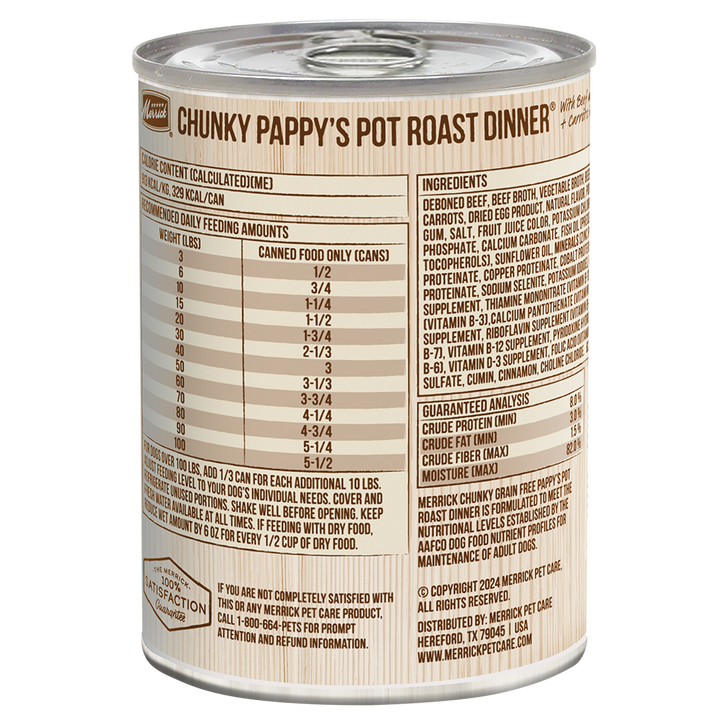 Merrick Pappys Pot Roast can reverse with ingredients and feeding chart