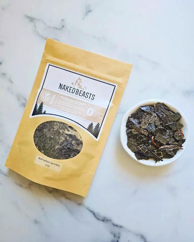 Beef Spleen Thin Cut, Naked Beasts small-animal treats; brown dried slices in bag and bowl