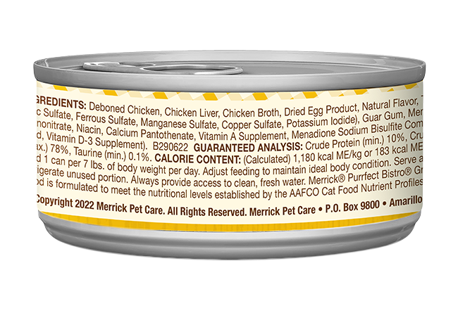 Merrick Purrfect Bistro Chicken Pate reverse ingredient and nutrition label
