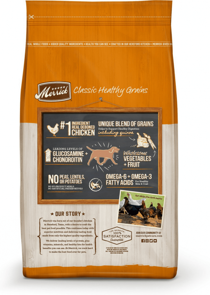 Merrick Classic Healthy Grains chicken and brown rice earlier bag reverse