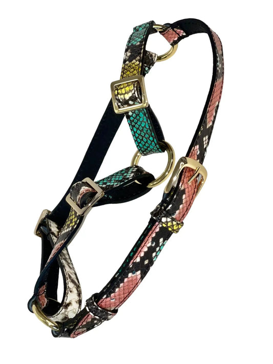 Multi-color embossed snake Italian leather harness by Allysa Payne Beverly Hills with gold hardware