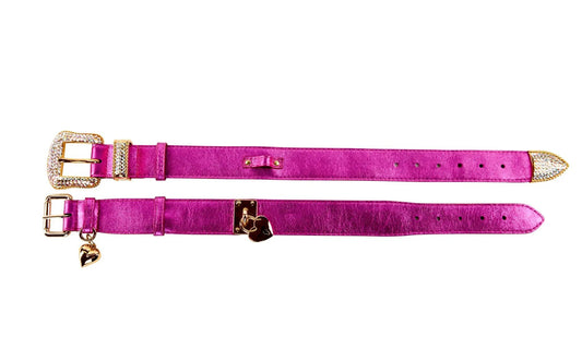 Pink foil Italian leather collar set; two pink collars with gold-tone hardware and rhinestone accents.