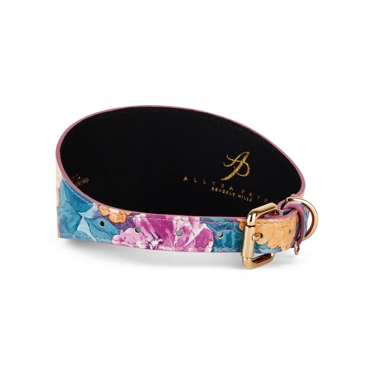 Floral print Italian leather 3-inch wide collar by Allysa Payne Beverly Hills with gold hardware