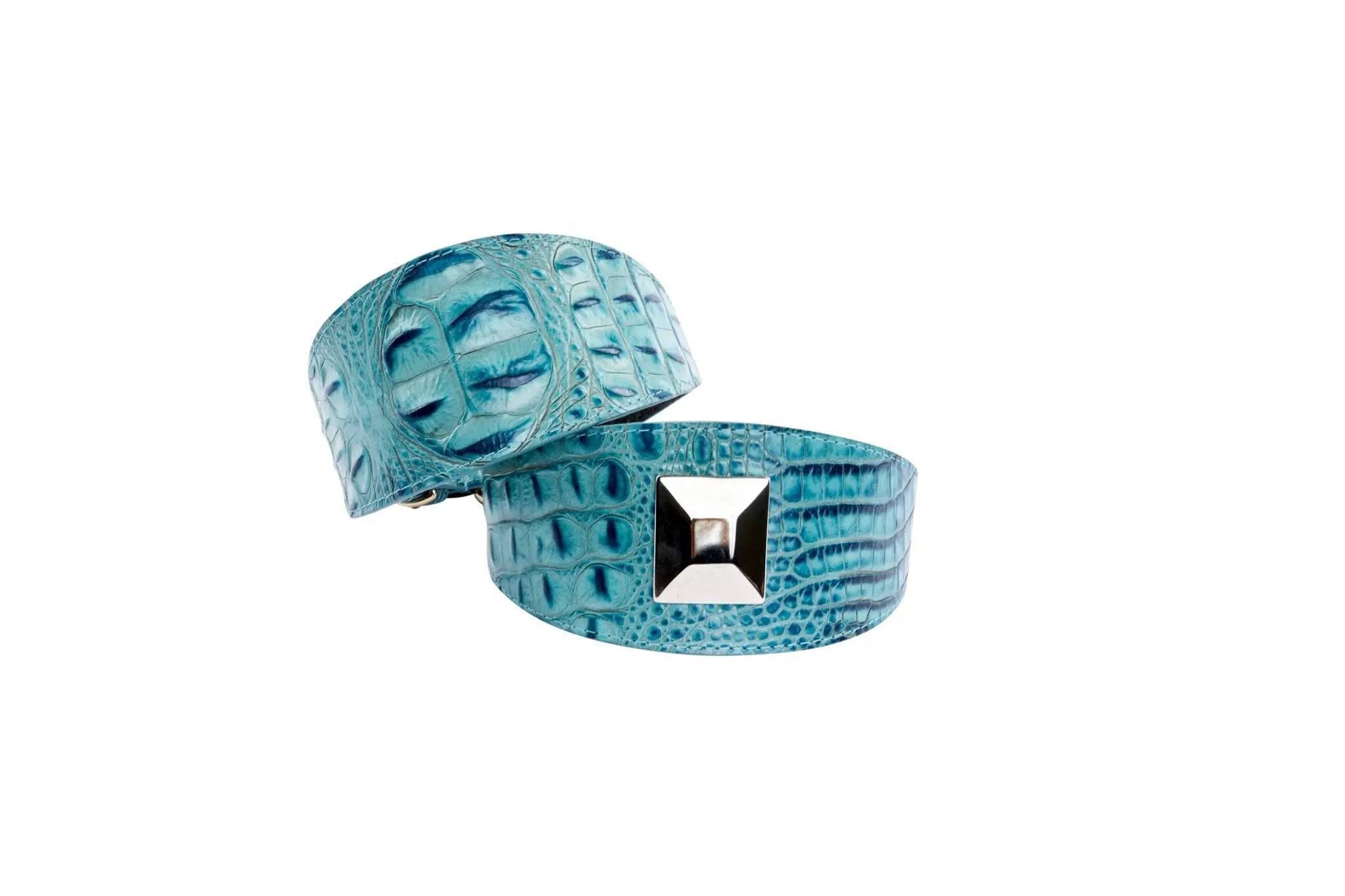 Turquoise embossed croc Italian leather collars, 3in wide, set of 2 by Allysa Payne Beverly Hills