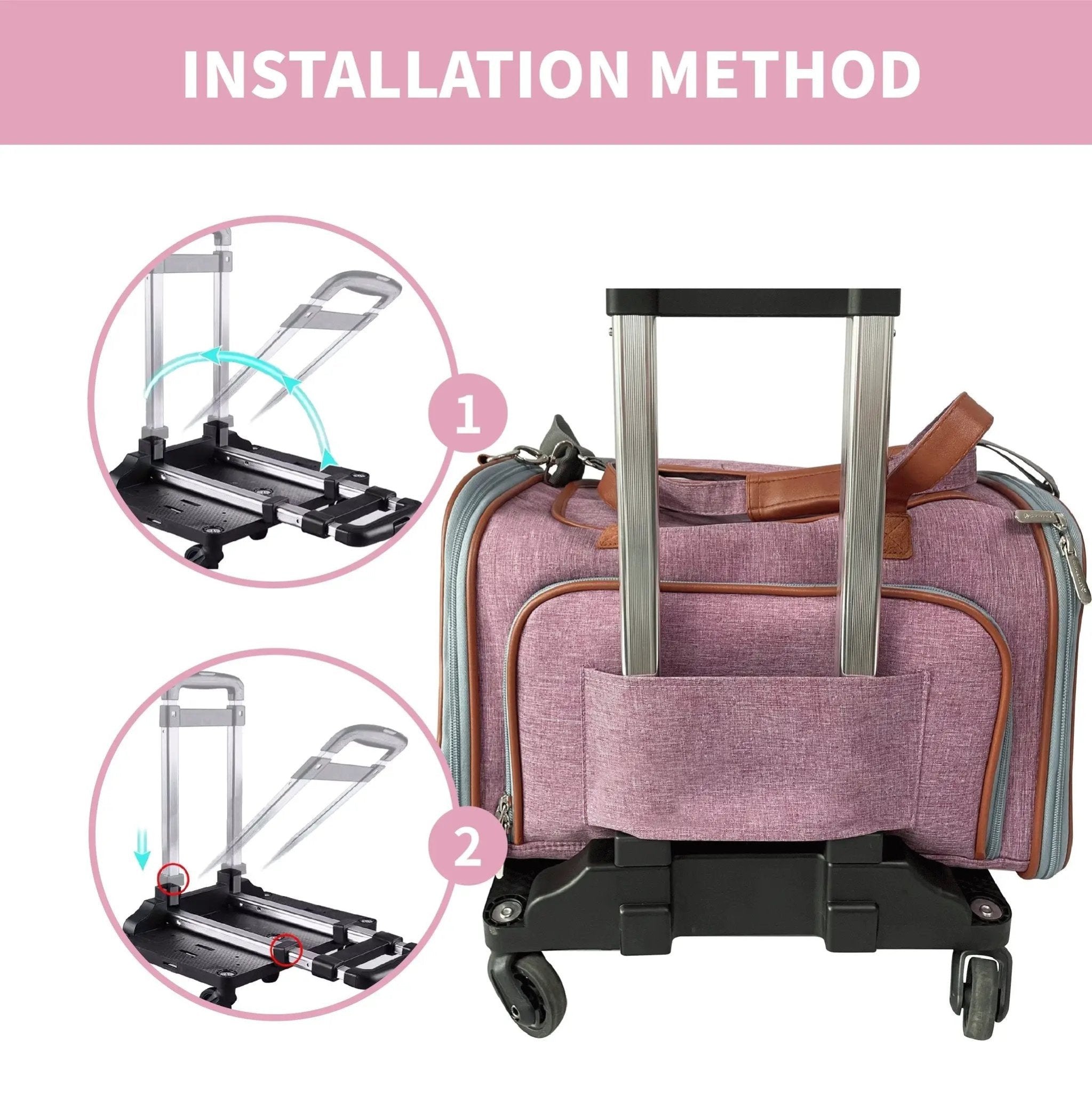 Mr. Peanut's Pet Carrier/Luggage Bag spinner wheelbase luggage cart with pink-purple fabric bag
