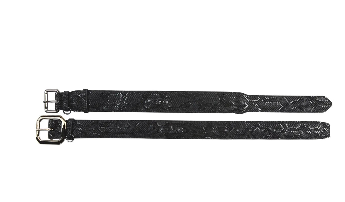Glamorous black snake-print Italian leather collar set of 2 with gun metal hardware