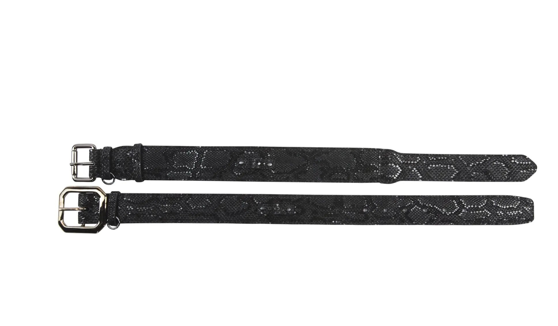 Glamorous black snake-print Italian leather collar set of 2 with gun metal hardware