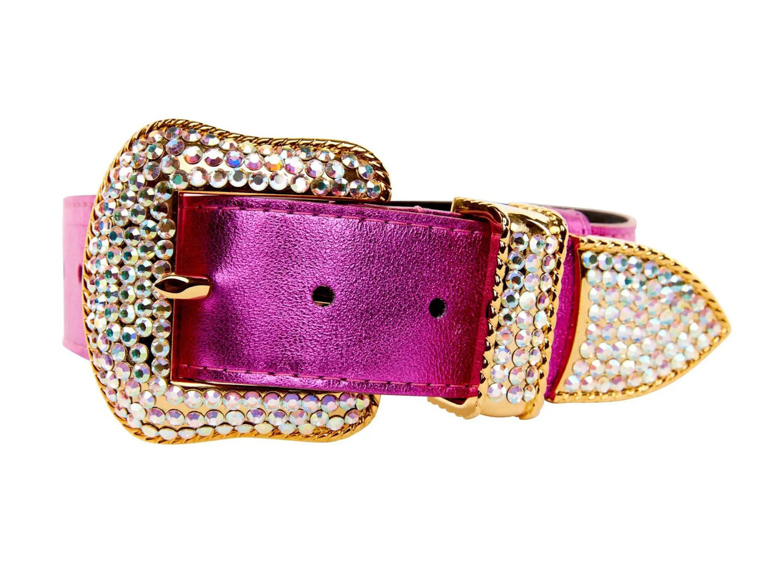 Collar pink foil Italian leather with Swarovski crystals and gold chain trim