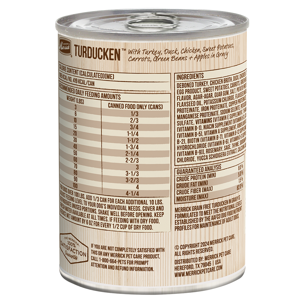 Merrick Turducken reverse ingredient and feeding label