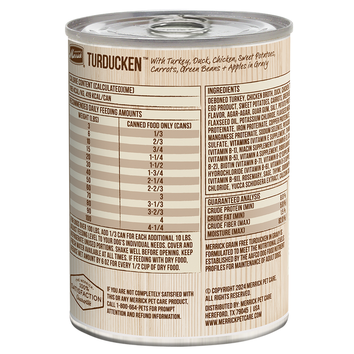 Merrick Turducken reverse ingredient and feeding label