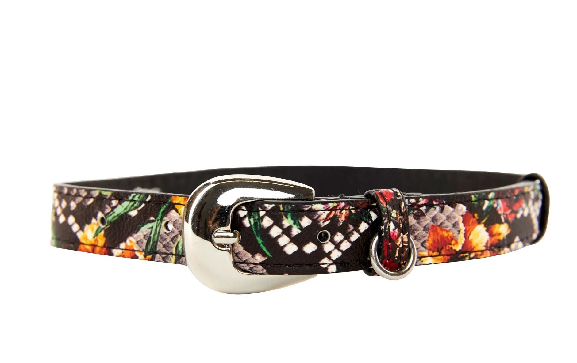 Italian leather dog collar with bold floral snake-print and silver oval hardware with adjustable strap