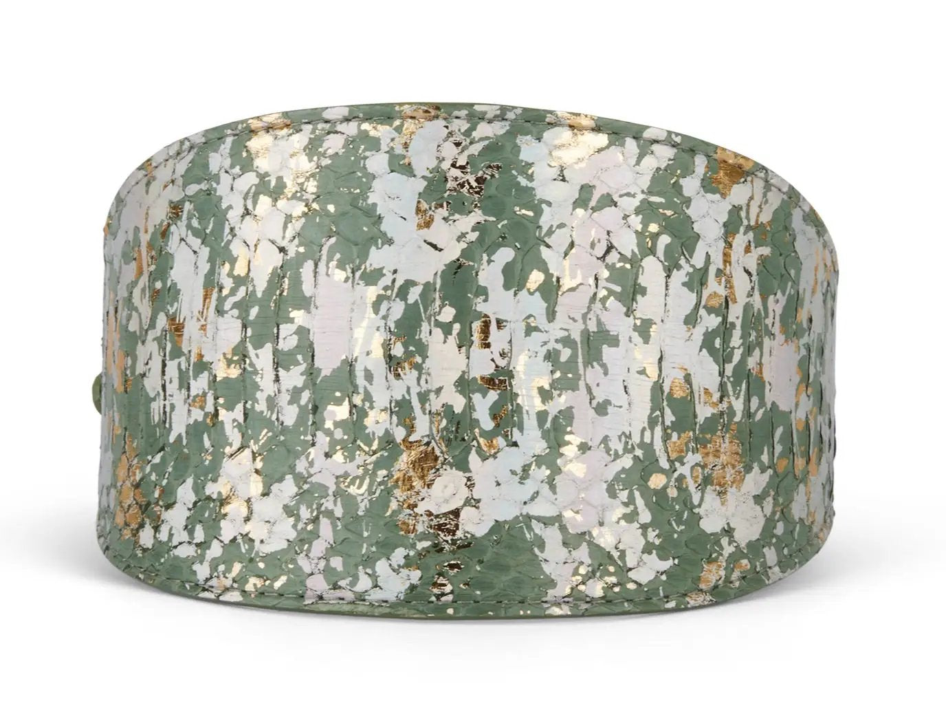 Collar necklace, iridescent art deco green/gold/silver foil finish, 4in wide, Allysa Payne Beverly Hills.