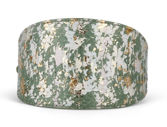 Collar necklace, iridescent art deco green/gold/silver foil finish, 4in wide, Allysa Payne Beverly Hills.