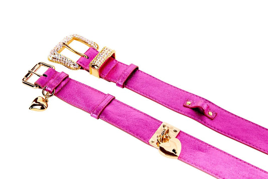 Pink foil Italian leather collar set with gold hardware and rhinestone-studded buckles, Allysa Payne Beverly Hills