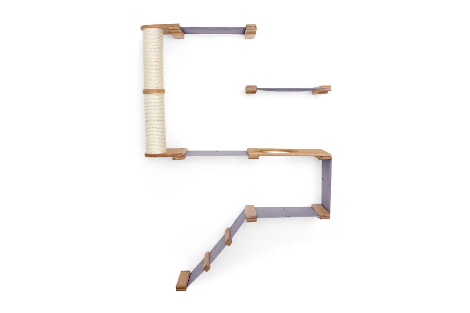 The Deluxe Cat Fort cat condo by Catastrophic Creations; purple-gray frame with sisal post.