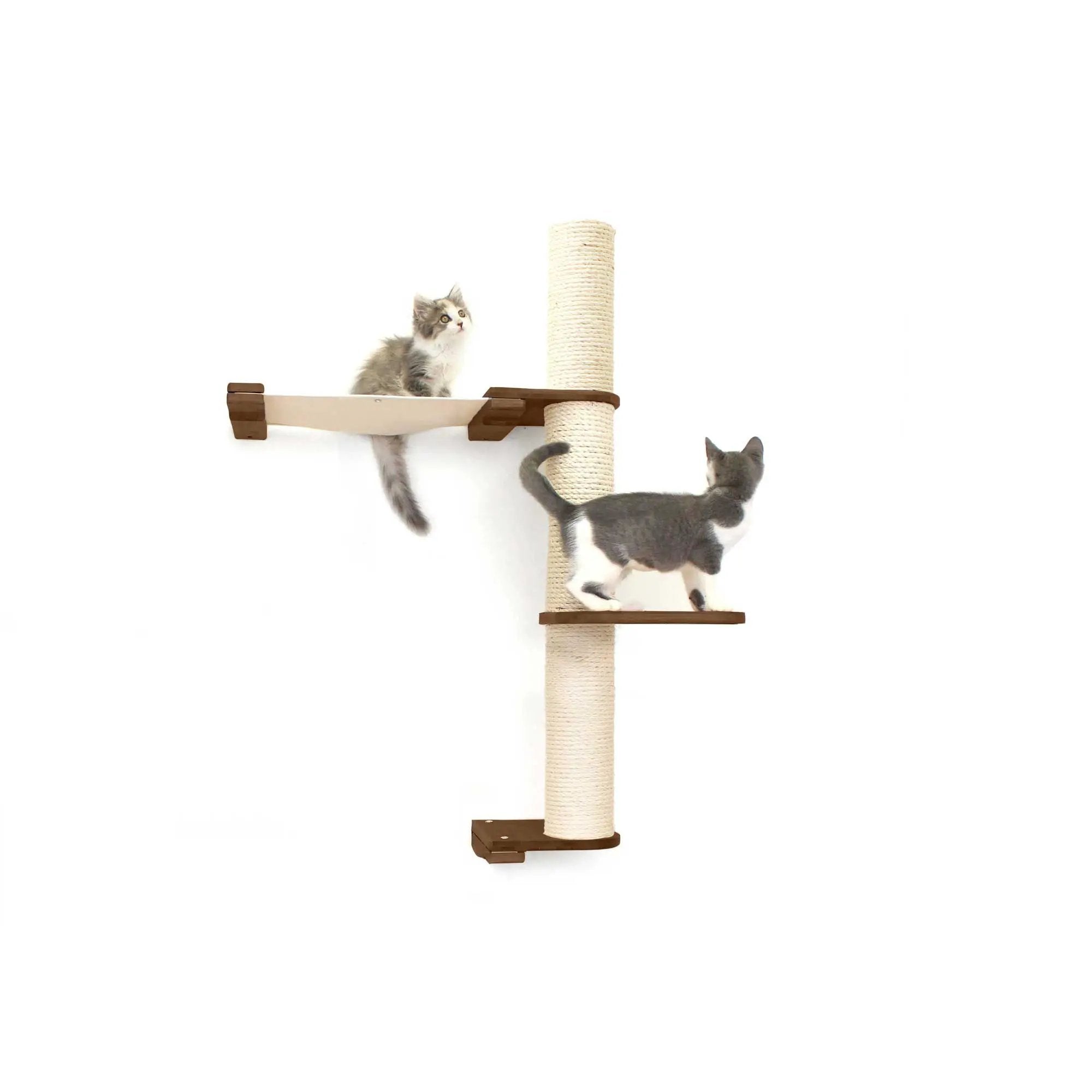 The Crow's Nest wall cat condo with hammock; beige rope-wrapped post and wooden platforms; two cats.