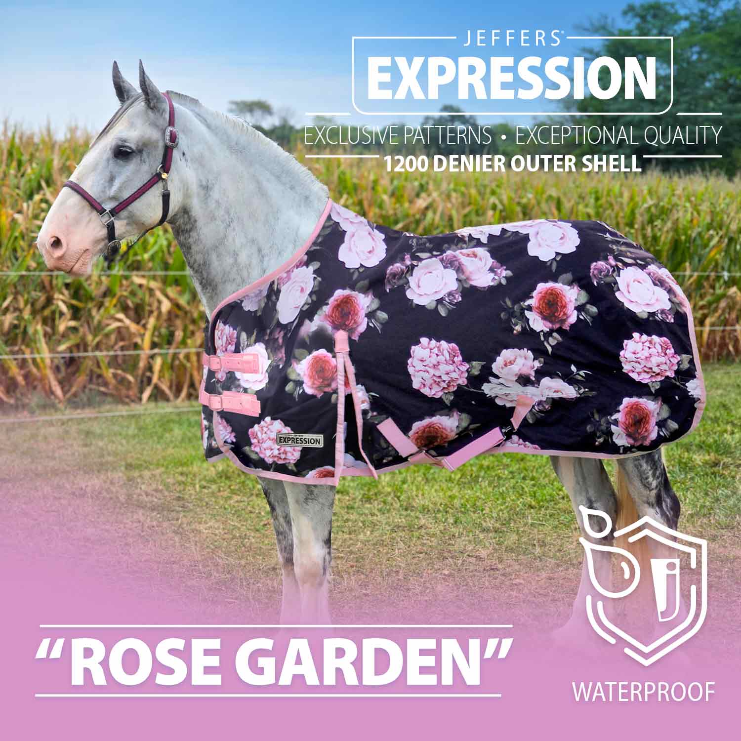 Jeffers Expression 1200D Draft Horse Turnout Blanket, rose garden floral pattern, 240 g, waterproof