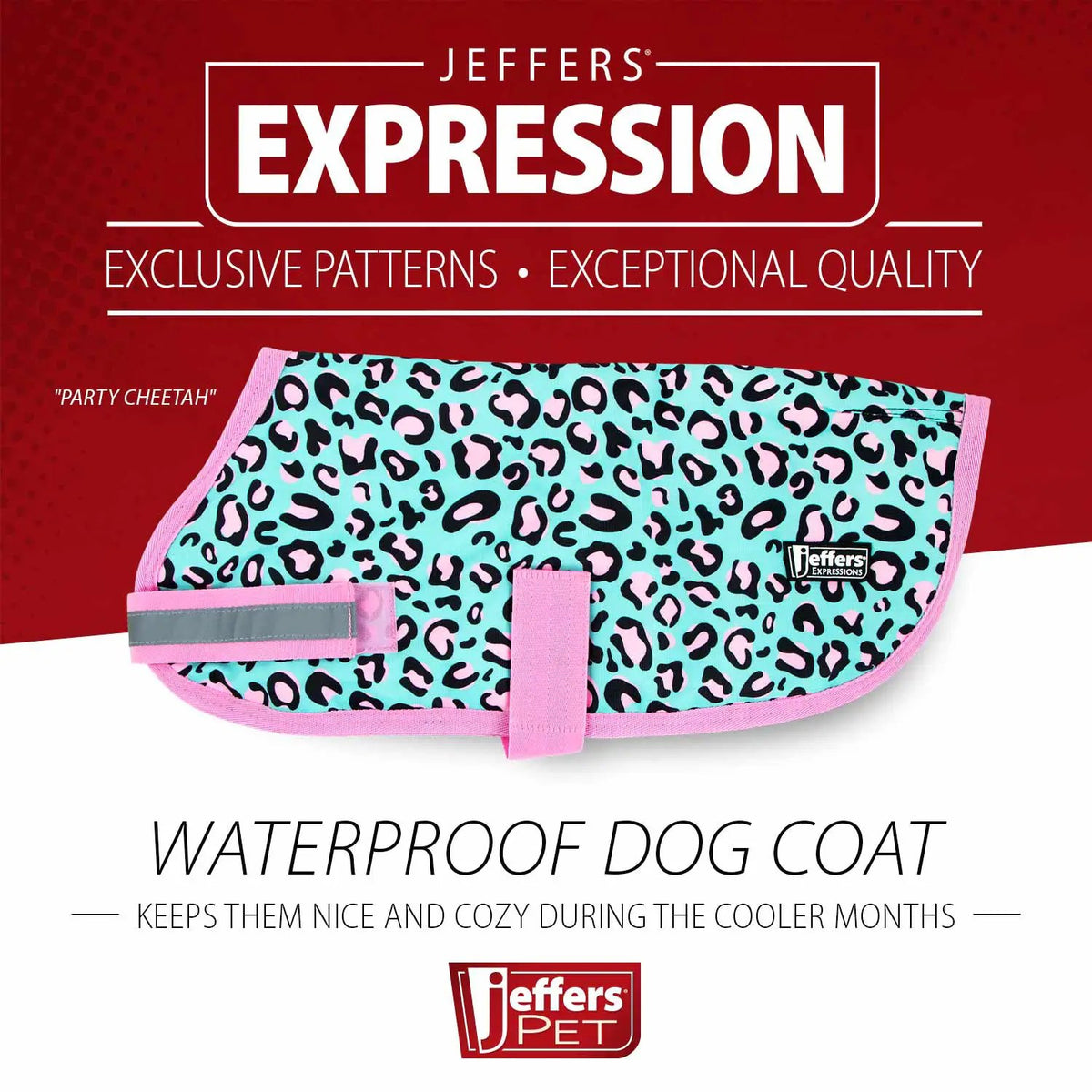 Jeffers Expression dog coat, 600D waterproof ripstop, turquoise with pink leopard print and pink trim.