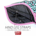 Cargar la imagen en la vista de la galería, Jeffers Expression 600D waterproof dog coat with pink trim and teal leopard print; hind-leg straps
