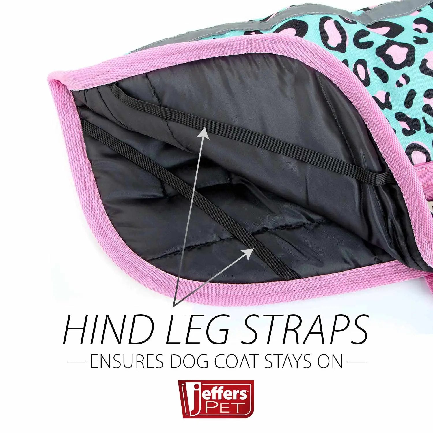 Jeffers Expression 600D waterproof dog coat with pink trim and teal leopard print; hind-leg straps