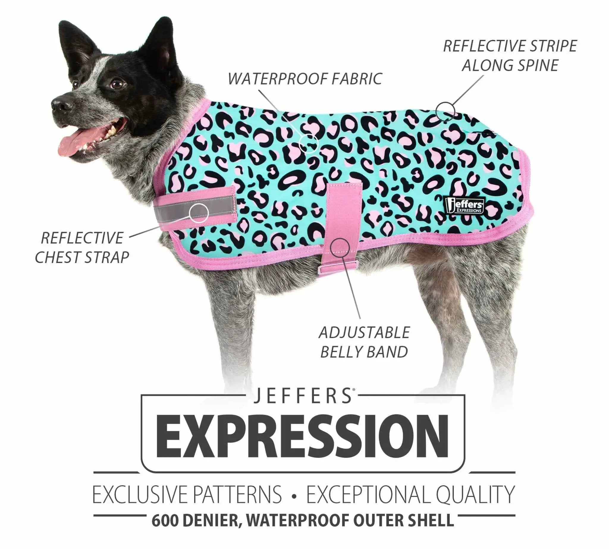 Jeffers Expression 600D waterproof dog coat; turquoise with pink leopard print, reflective stripe