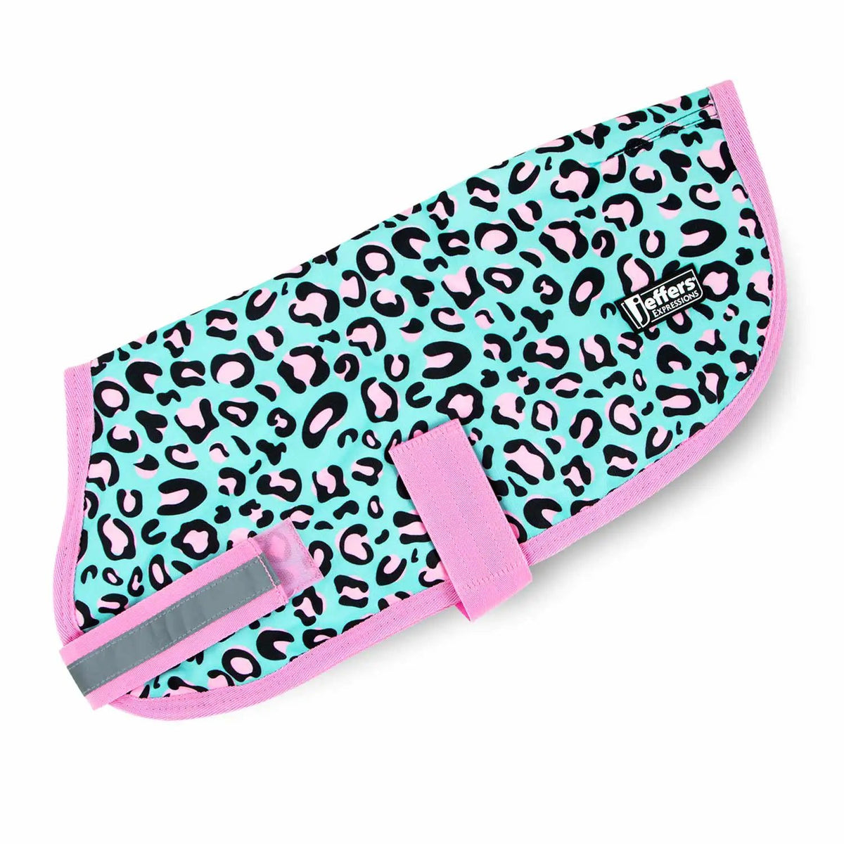 Jeffers Expression 600D waterproof ripstop dog coat; turquoise with pink leopard print, pink trim, brand tag visible