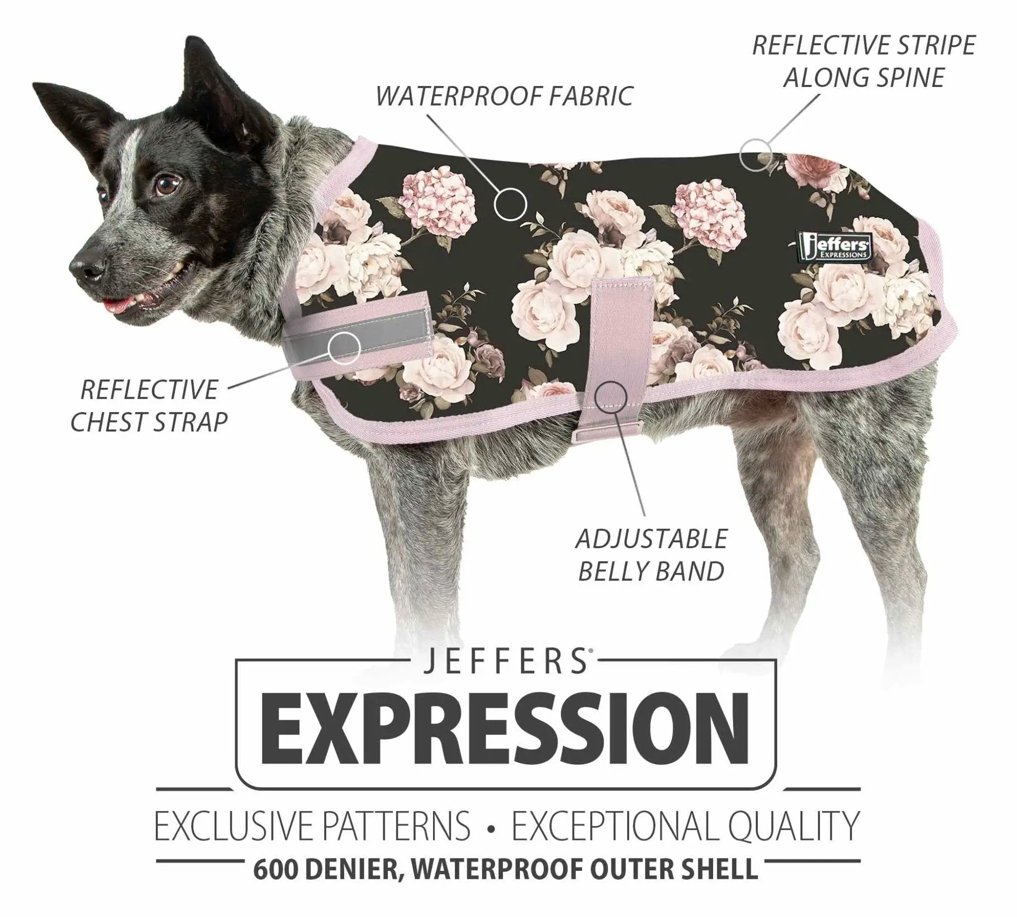 Jeffers Expression 600D waterproof dog coat with floral pattern; pink adjustable belly band and chest strap.