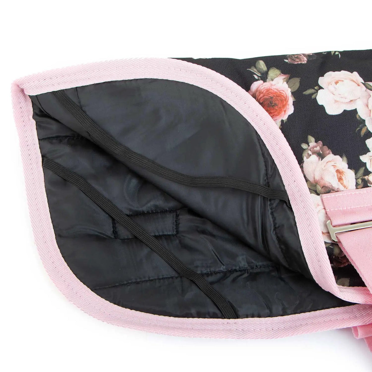 Jeffers Expression 600D waterproof ripstop dog coat with pink trim, floral outer fabric and black quilted lining