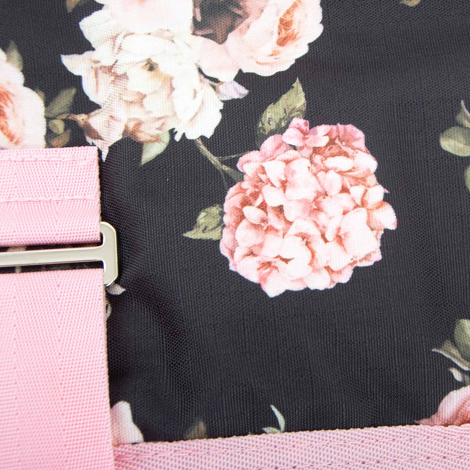 Jeffers Expression 600D waterproof ripstop dog coat with pink straps on black floral fabric