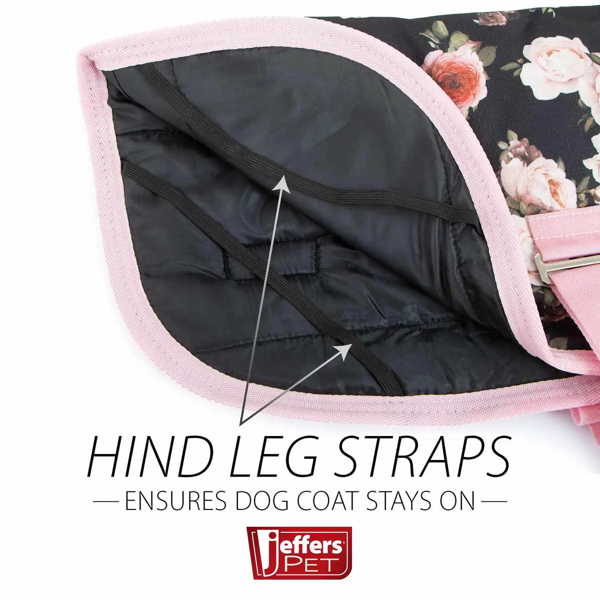 Jeffers Expression 600D waterproof ripstop dog coat with pink trim; black quilted interior, hind leg straps.