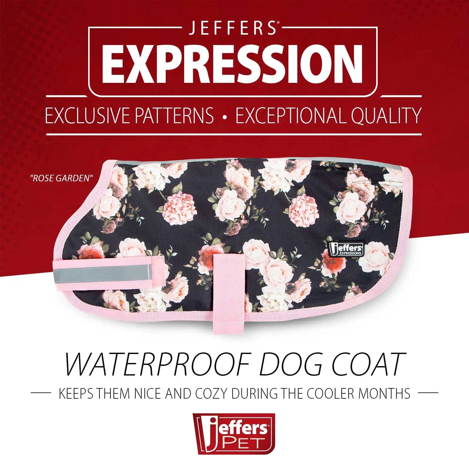 Jeffers Expression 600D waterproof ripstop dog coat in Rose Garden floral print with pink trim