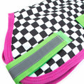 Cargar la imagen en la vista de la galería, Jeffers Expression 600D dog coat, black-and-white checkered ripstop with pink trim and neon green strap
