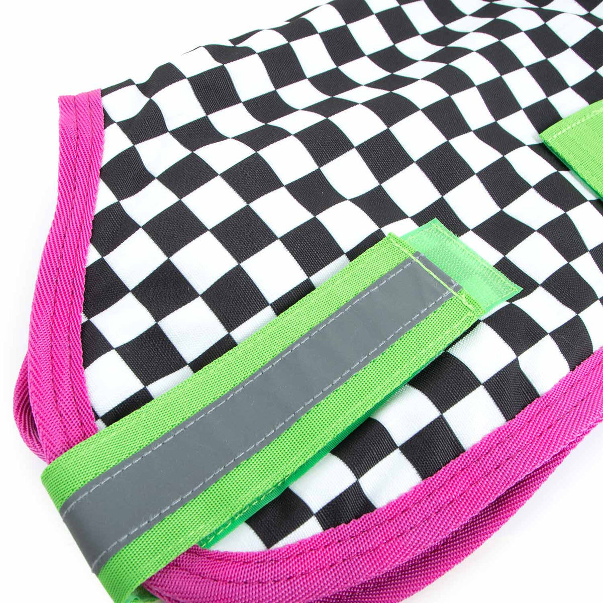 Jeffers Expression 600D dog coat, black-and-white checkered ripstop with pink trim and neon green strap