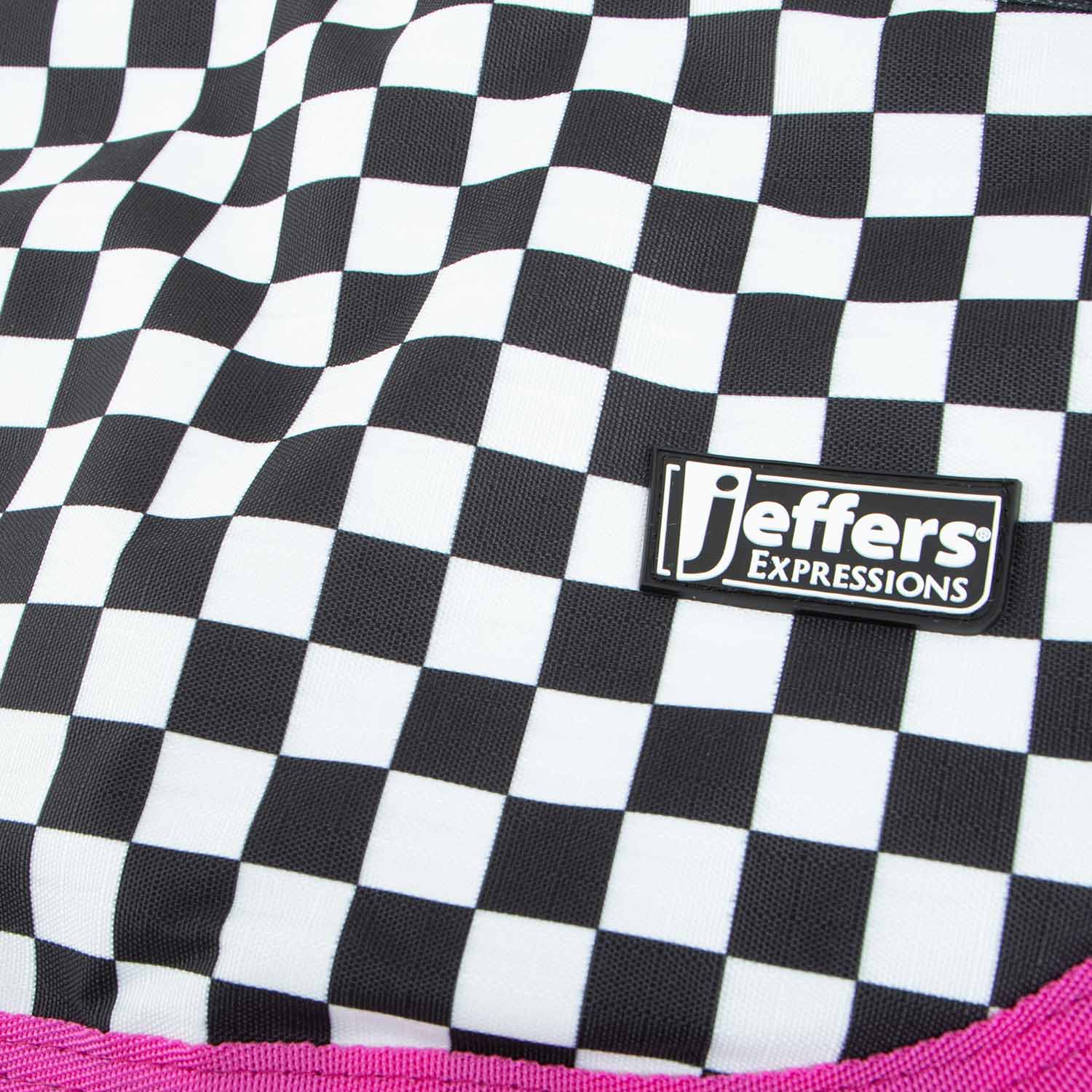 Jeffers Expression 600D waterproof ripstop dog coat with black-and-white checkered fabric and pink trim