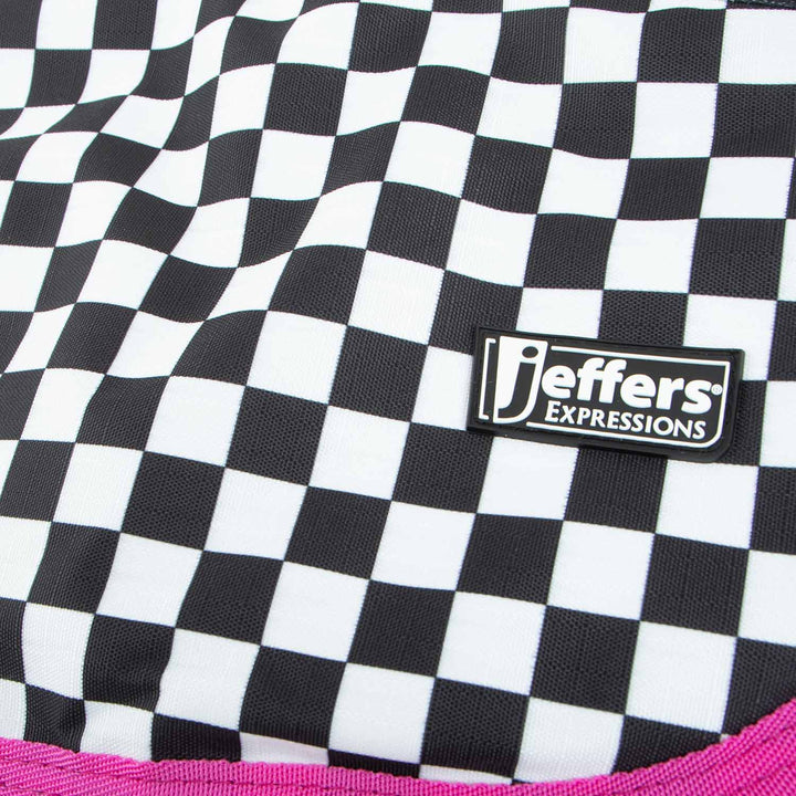 Jeffers Expression 600D waterproof ripstop dog coat with black-and-white checkered fabric and pink trim