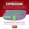 Cargar la imagen en la vista de la galería, Jeffers Expression 600D waterproof dog coat; black-and-white checker pattern with pink trim and neon green strap.
