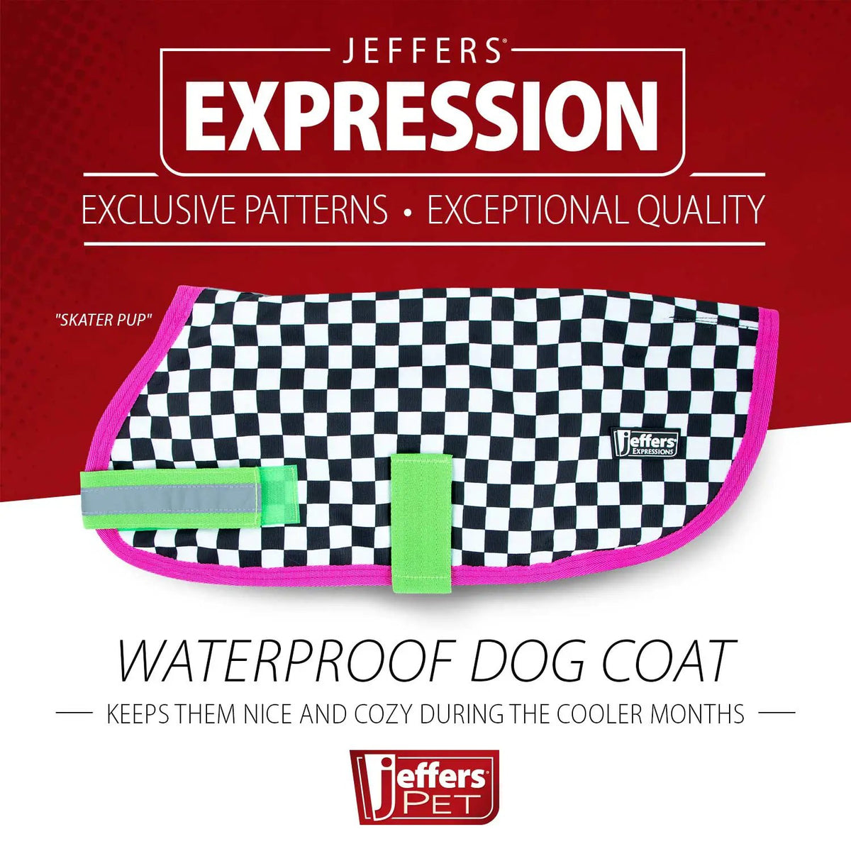 Jeffers Expression 600D waterproof dog coat; black-and-white checker pattern with pink trim and neon green strap.