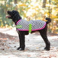 Cargar la imagen en la vista de la galería, Jeffers Expression 600D Waterproof Ripstop Dog Coat, black/white checkered with pink trim and neon-green straps

