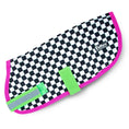 Cargar la imagen en la vista de la galería, Jeffers Expression 600D Waterproof Dog Coat; black-and-white checkered fabric with pink trim and lime-green straps

