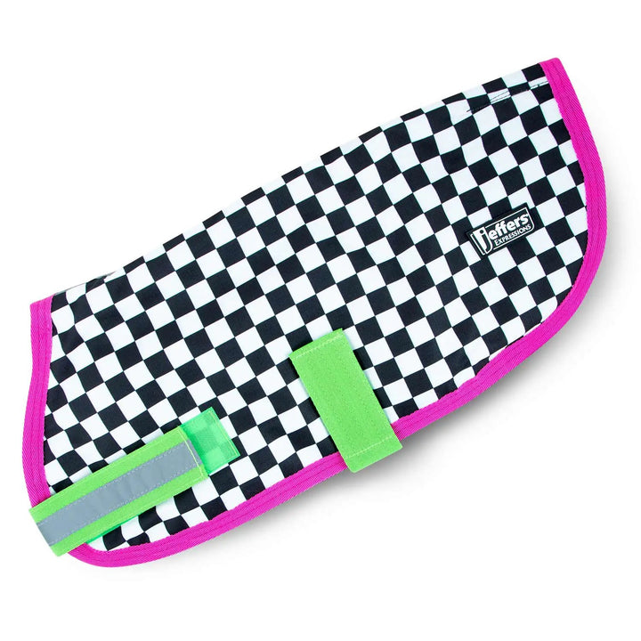 Jeffers Expression 600D Waterproof Dog Coat; black-and-white checkered fabric with pink trim and lime-green straps
