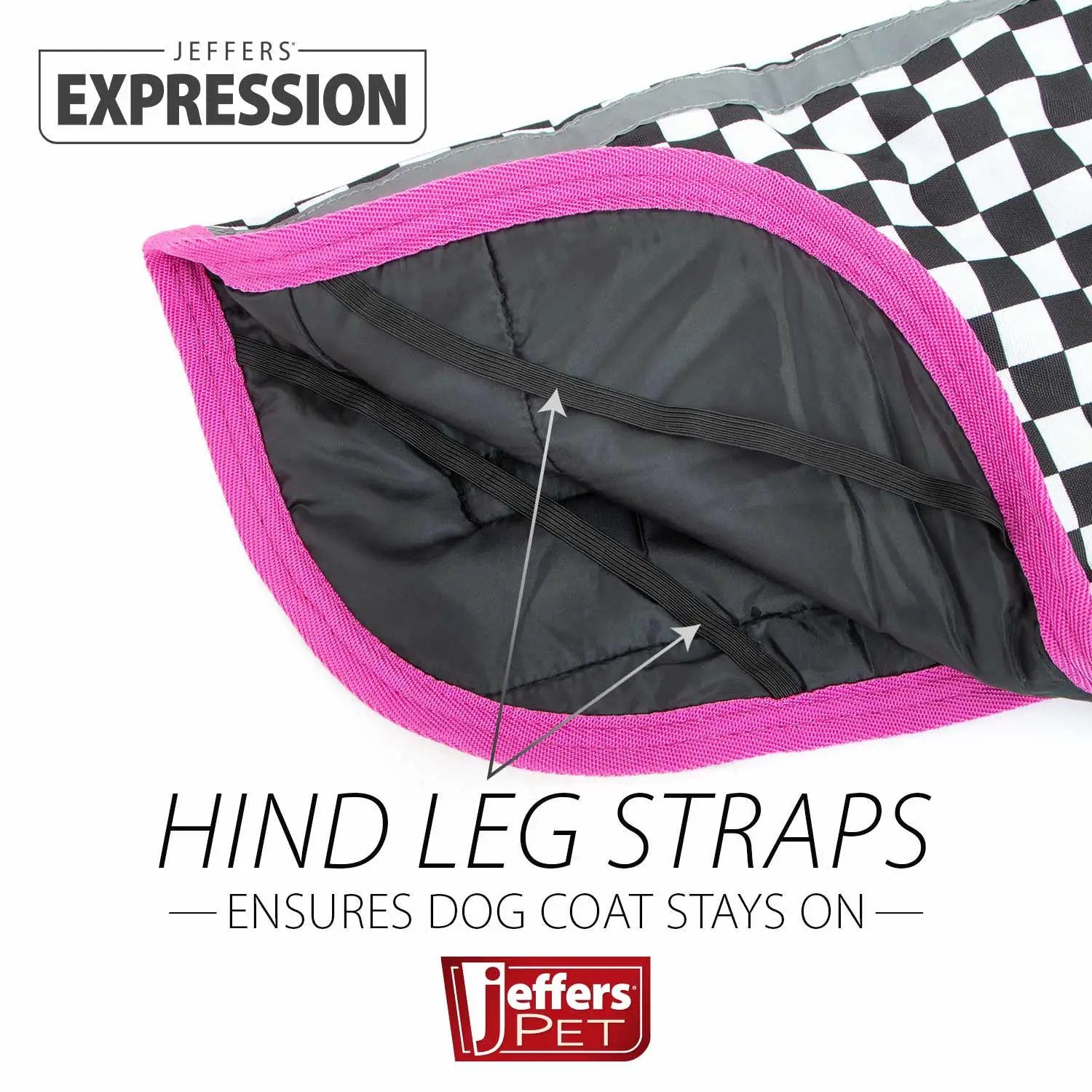 Jeffers Expression 600D Waterproof Ripstop Dog Coat with pink trim and checkered exterior