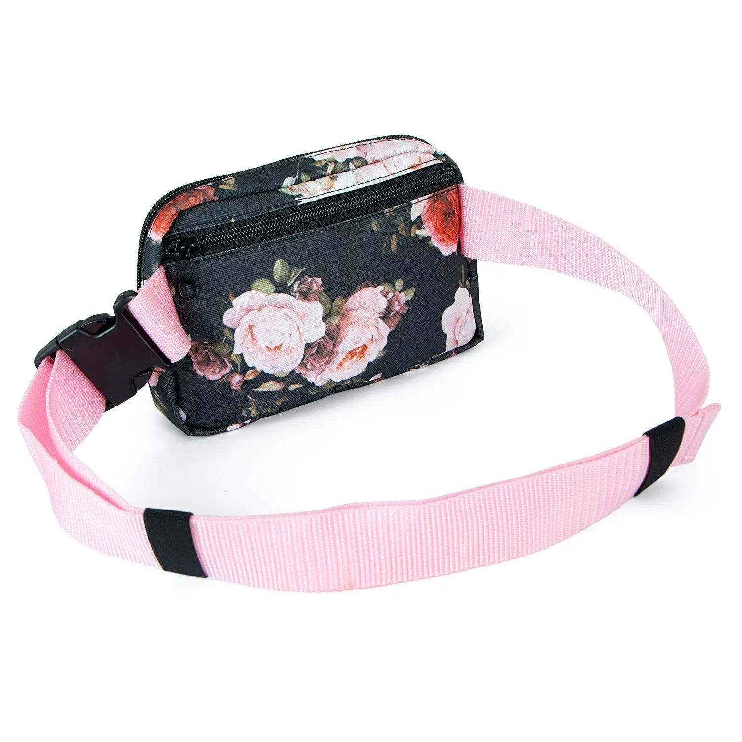 Jeffers Expression Adjustable Strap Belt Bag with floral print on black background and pink strap