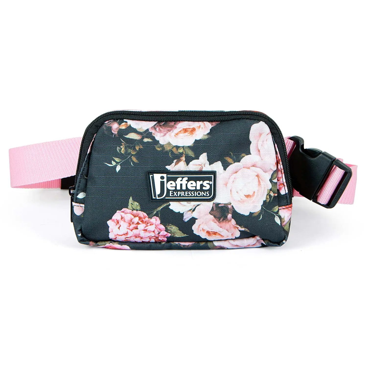 Jeffers Expressions navy floral fanny pack with pink adjustable strap.