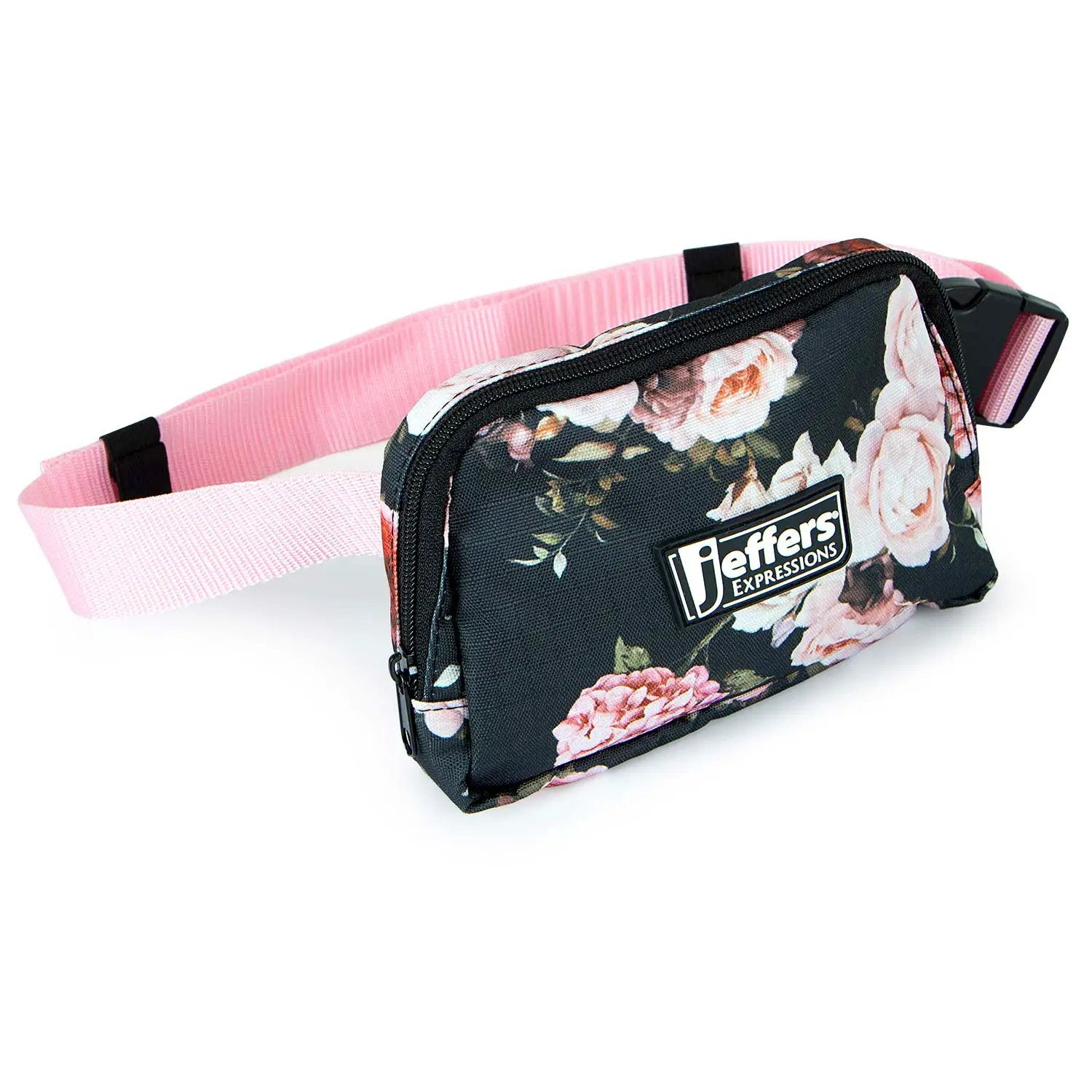 Jeffers Expression adjustable belt bag with floral black print and pink strap.