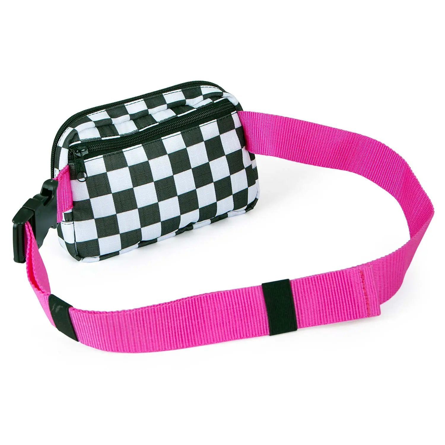 Jeffers Expression adjustable strap belt bag; black-and-white checker fabric with hot pink strap.
