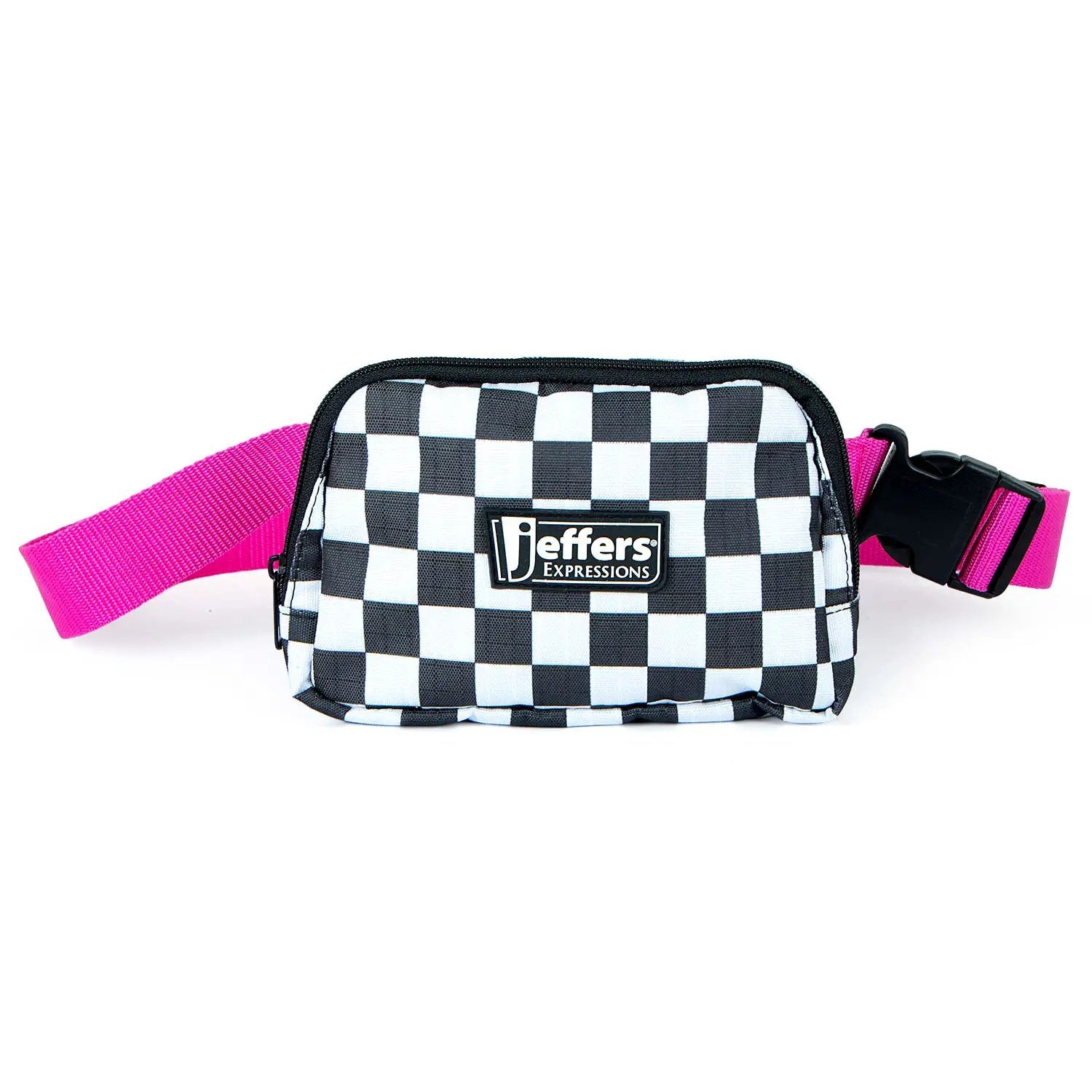 Jeffers Expression adjustable strap belt bag with black-and-white checkerboard pattern and pink nylon strap