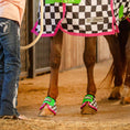 Bild in Galerie-Betrachter laden, Jeffers Expression No-Turn Bell Boots for horses, nylon pair with neon green straps, pink trim, checkerboard pattern
