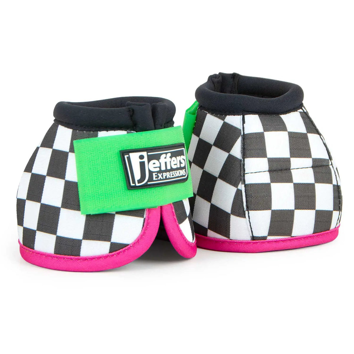 Jeffers Expressions No-Turn Bell Boots for Horses, pair, nylon, black-and-white checker pattern with pink trim and green strap