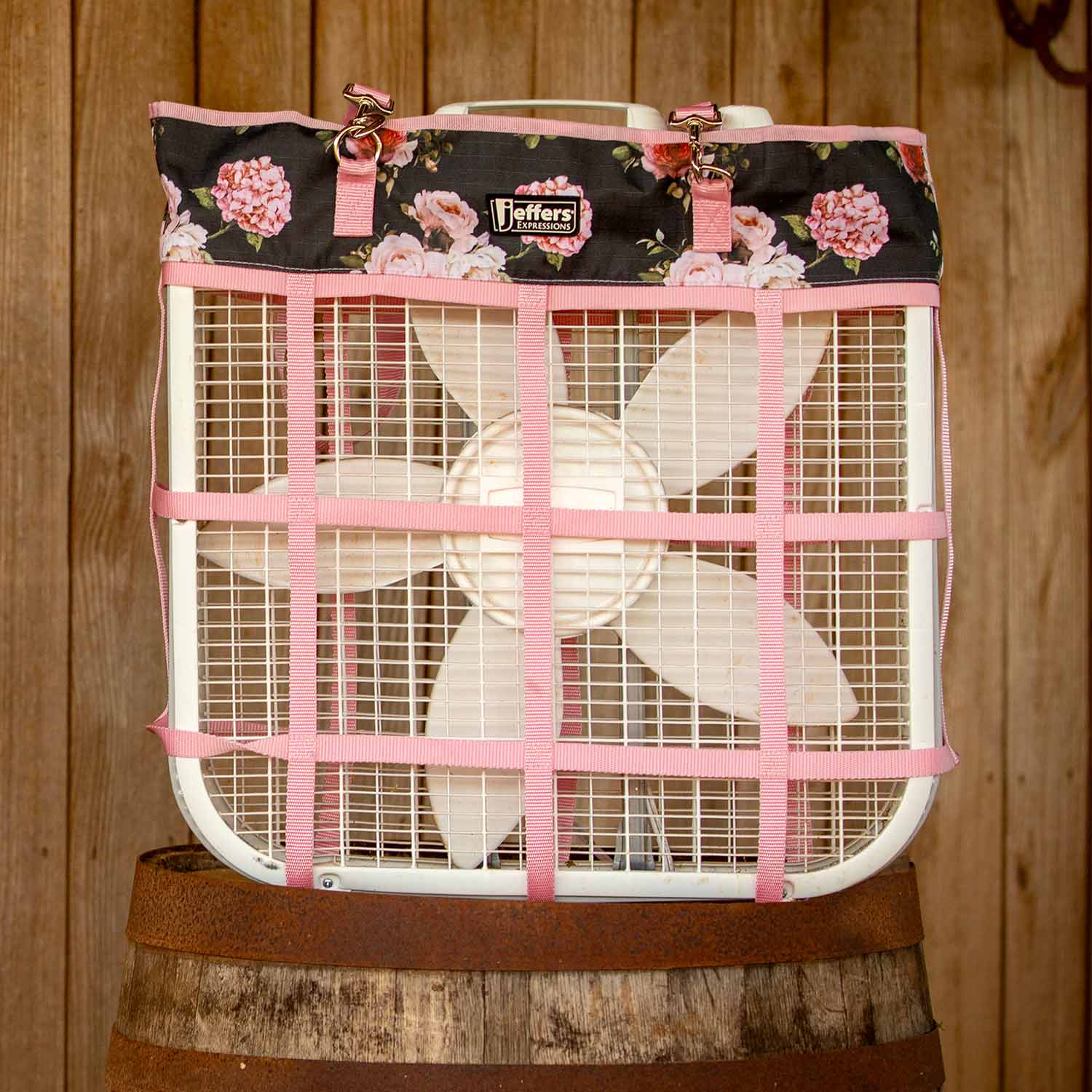Jeffers Expression Horse Fan Bag with pink floral fabric and pink straps, showing a white fan inside a wire mesh cage.