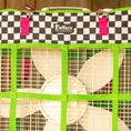 Load image into Gallery viewer, Jeffers Expressions horse fan bag with black-and-white checkered fabric, neon green straps, and visible logo patch.
